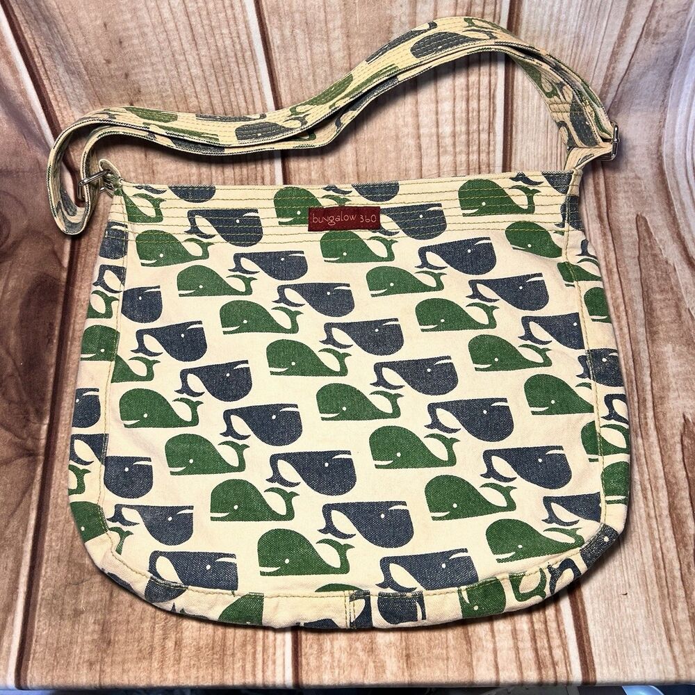 Bungalow 360 Whale Purse Tote REVERSIBLE /dots Shoulder Bag Canvas Green Blue